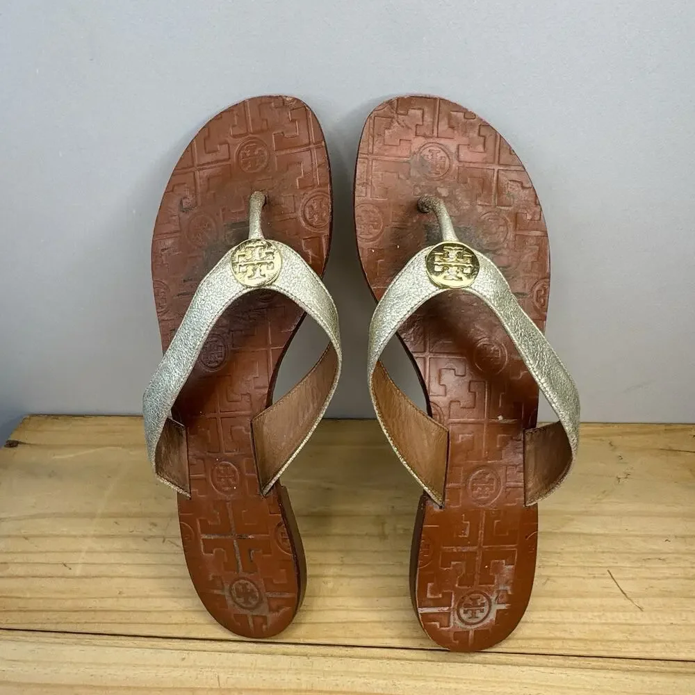 Tory Burch Manon Black Vachetta Leather Thong Sandals Flip Flops Size 8.5